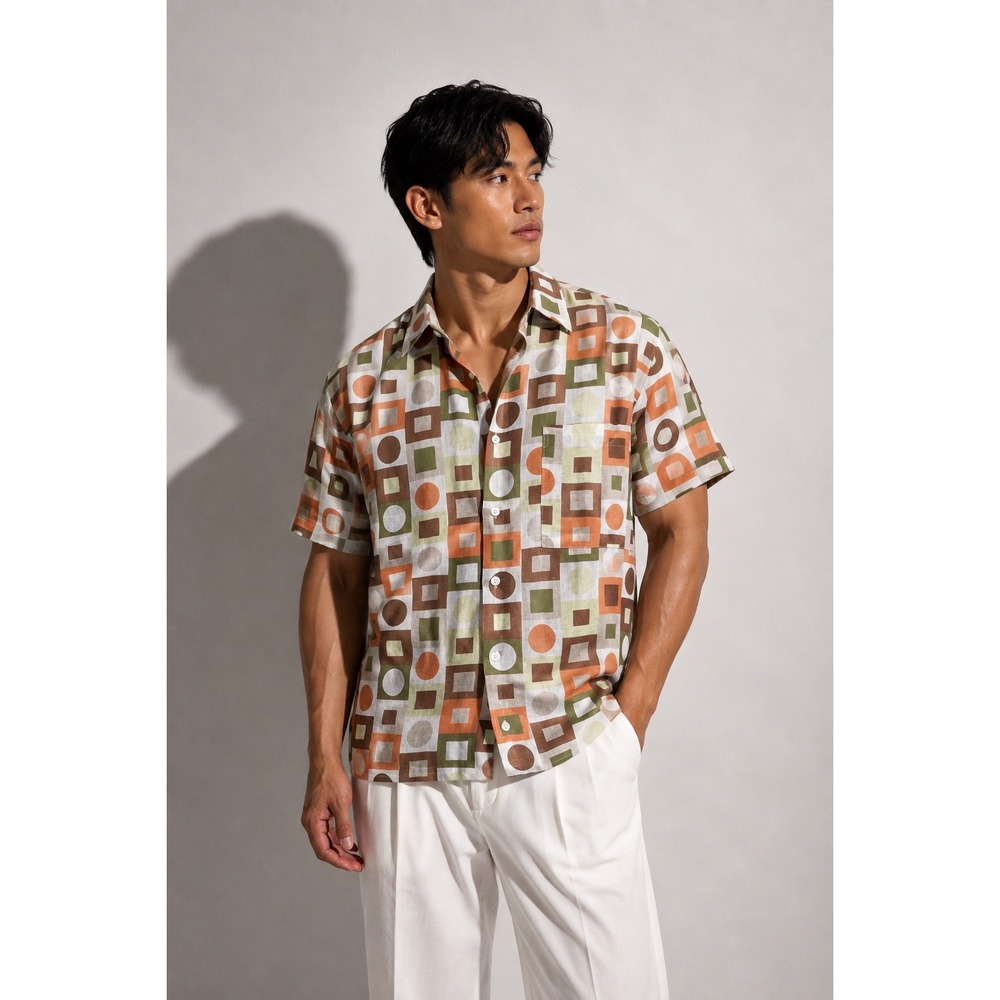 Reunion Mens Large 100% Linen Geometric Print Short Sleeve Button Up Shirt MCM‎